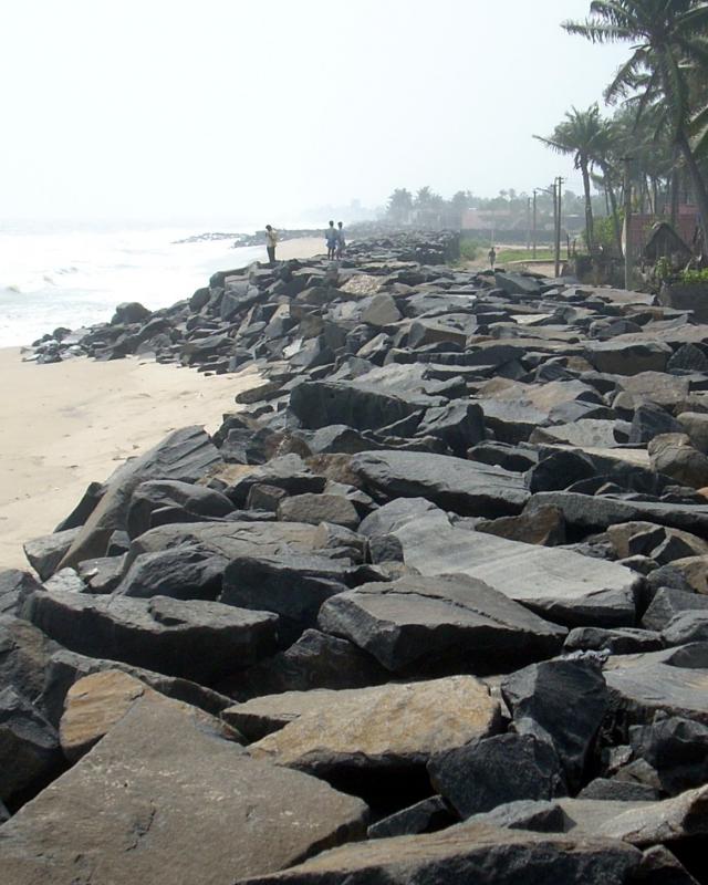 Hard strcutures, such as this groyne cum sea-wall near Pondicherry, have greatly increased the rate of erosion of these shores.