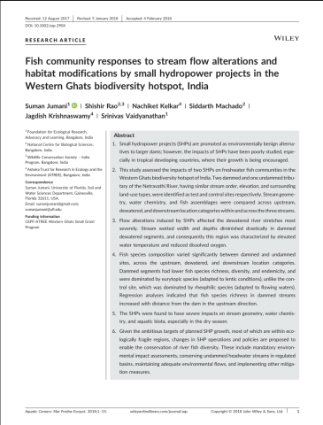 Fish community responses to stream flow alterations and habitat modifications by small hydropower projects in the Western Ghats biodiversity hotspot, India