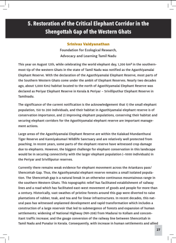 Restoration of the critical elephant corridor in the Shengottah Gap of the Western Ghats